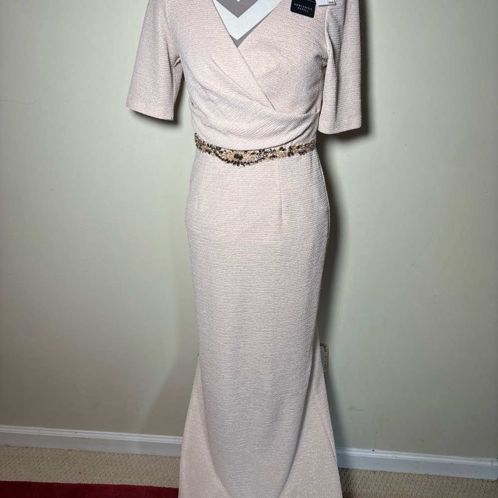 Adrianna Papell metallic gold short sleeve gown with Embellished Waist